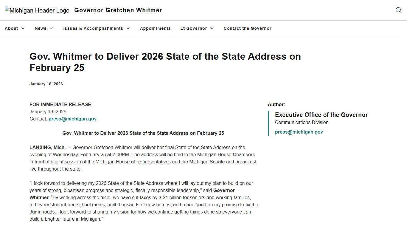 Gov. Whitmer to Deliver 2026 State of the State Address on February 25