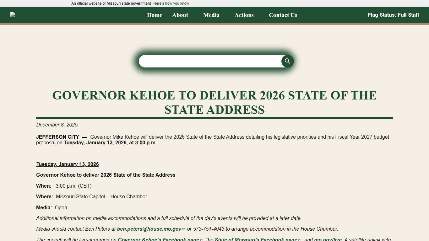 Governor Kehoe to Deliver 2026 State of the State Address Governor Mike Kehoe