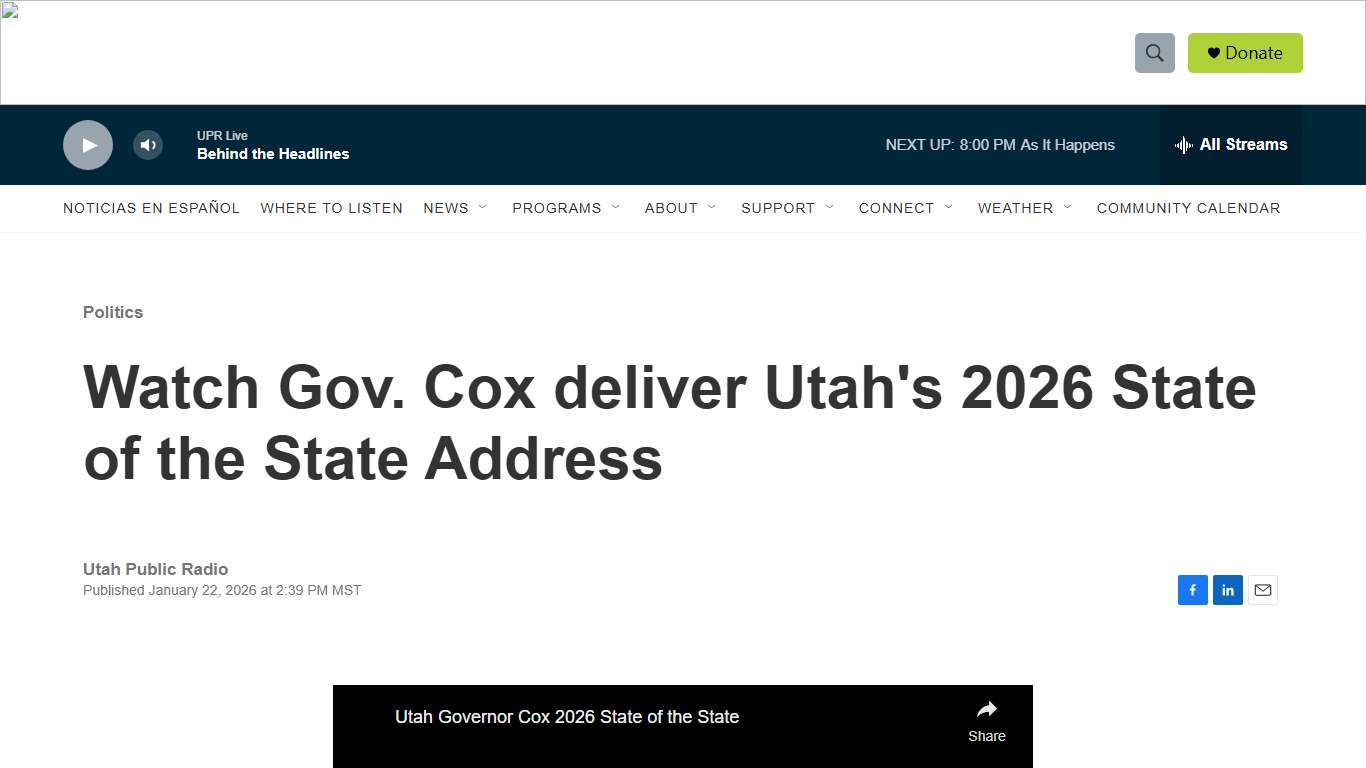 Watch Gov. Cox deliver Utah's 2026 State of the State Address Utah Public Radio